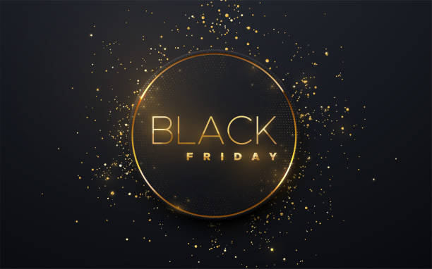 istock Black Friday sale poster. Black circle paper shape textured with golden glitters 1433104926