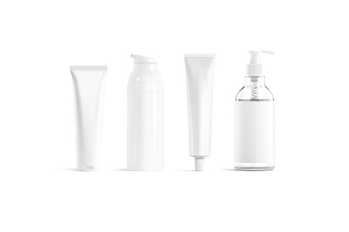 Blank white cosmetic and cream pack mockup, isolated, 3d rendering. Empty bottle and tube with cosmetics for skincare mock up, front view. Clear lotion, gel and handcream package template.