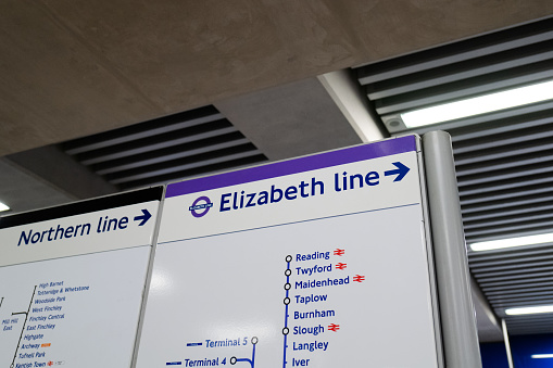 London, UK - September 1, 2022: Direction sign to Elizabeth Line (Crossrail) inside Tottenham Court Road station. Named the Elizabeth line in honour of Queen Elizabeth II who opened it on 17 May 2022.