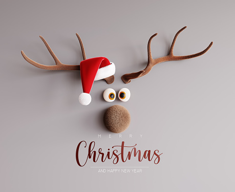 Funny reindeer with Santa hat and Merry Christmas text on gray background 3D Rendering, 3D Illustration