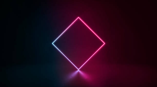 Colored neon glowing rhombus frame stand in darkness