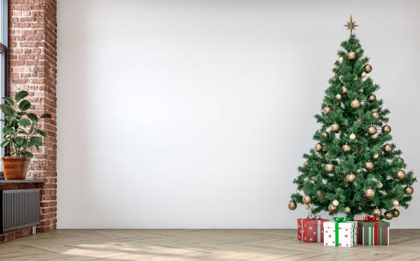 istock Empty unfurnished nostalgic retro living room with a white plaster wall and partly ruined brick wall and Christmas decoration 1433106047