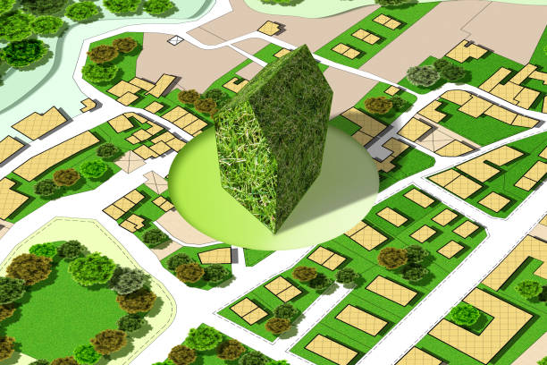 istock Imaginary city map with a green building - The architecture of the future - concept image 1433106151