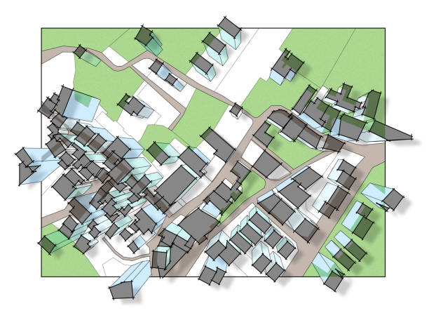 istock Imaginary cadastral map of territory with 3D buildings, fields, roads and land parcel of a residential district 1433106352