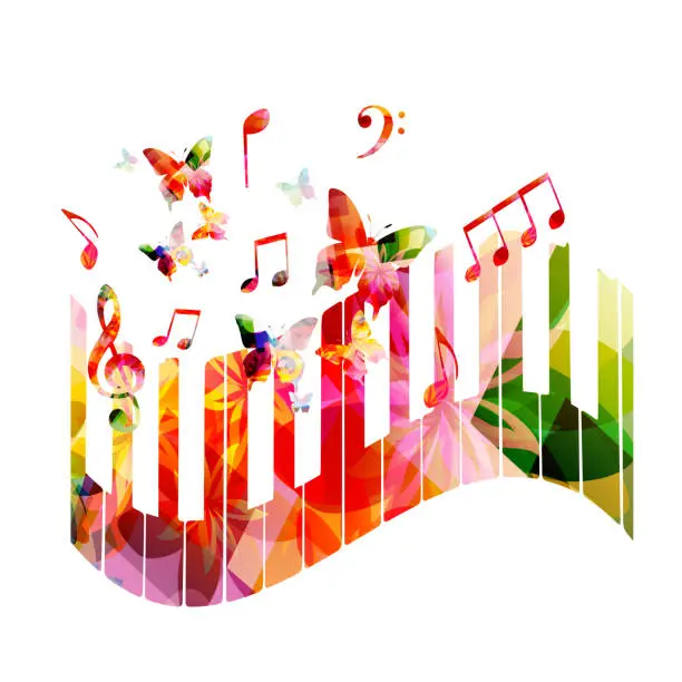 Vector illustration of Music poster with musical notes, butterflies and piano keyboard isolated. Fresh and original design for live concert events, music festivals and shows. Party flyer invitation. Creativity and composing