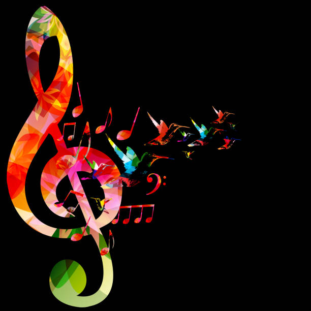 istock Colorful G-clef and musical notes on black background. Vector illustration. Poster design for live concert events, creative banner with musical notes and hummingbirds. Party flyer invitation 1433106507