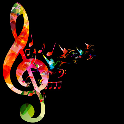 Colorful G-clef and musical notes on black background. Vector illustration. Poster design for live concert events, creative banner with musical notes and hummingbirds. Party flyer invitation