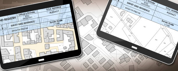 istock Land registry concept image with an imaginary cadastral map of territory - Property Tax on buildings with land and buildings cadastre with land registry document on a digital tablet - 3D rendering 1433107677