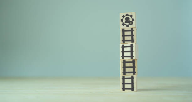 istock New skills concept to develop performance of human resources for business growth and digital transformation. Skills training access for employees. Wood cube with new skills and ladder icons. 1433107767