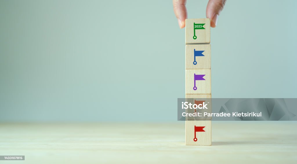 Business planning and project timeline in 2023. Options, steps or processes. Planning, market study process, new product development, product roadmap, product launching. Company milestones timeline. Life Events Stock Photo
