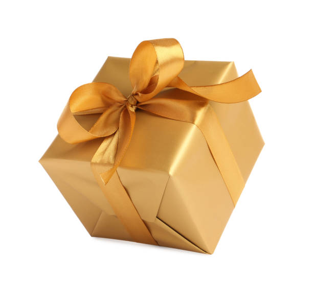 istock Gift box with golden ribbon and bow on white background 1433107861