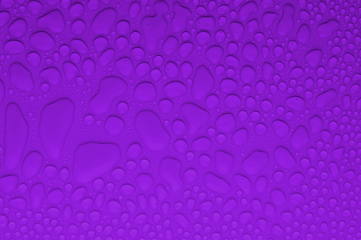 Bright water droplets on saturated purple background as fresh fashion trendy color pattern with soft matte surface, top view.