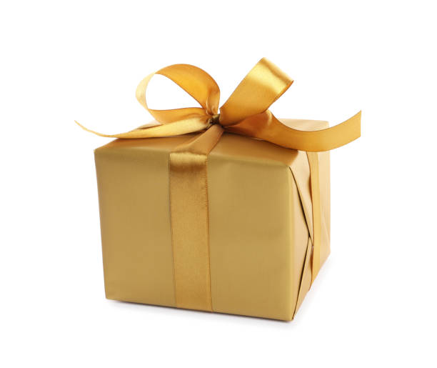 istock Beautiful gift box with golden ribbon and bow on white background 1433108024
