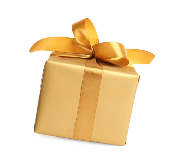 istock Gift box with golden ribbon and bow on white background 1433108246
