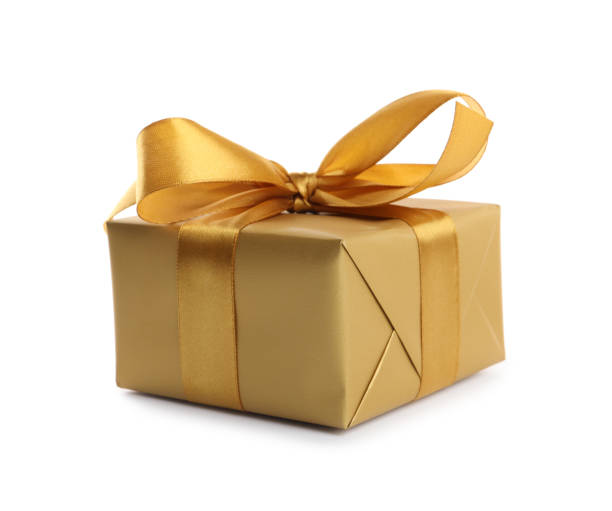 istock Beautiful gift box with golden ribbon and bow on white background 1433108247