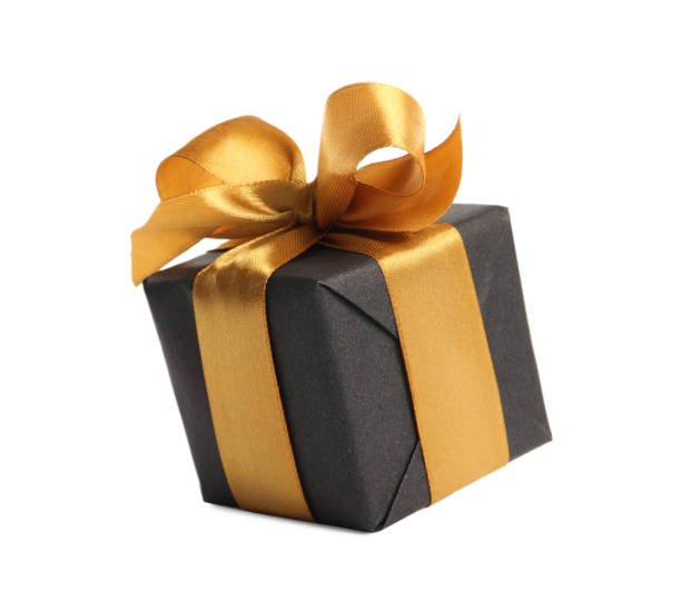 istock Beautiful gift box with golden ribbon and bow on white background 1433109122