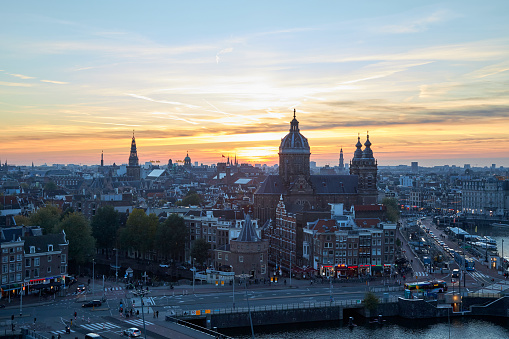 Aerial view cityscape at sunset in Amsterdam, The Netherlands