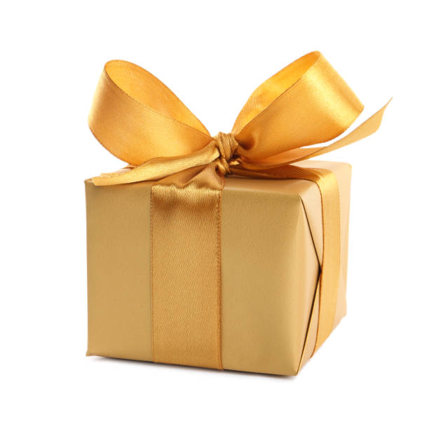 istock Beautiful gift box with golden ribbon and bow on white background 1433109733