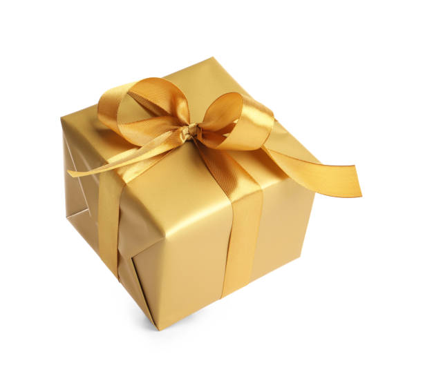 istock Gift box with golden ribbon and bow on white background 1433109880