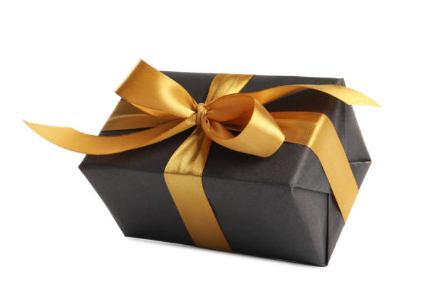 istock Beautiful gift box with golden ribbon and bow on white background 1433109943