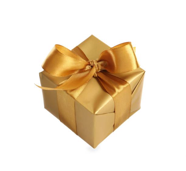 istock Gift box with golden ribbon and bow on white background 1433109964
