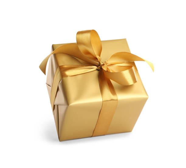 istock Gift box with golden ribbon and bow on white background 1433109966