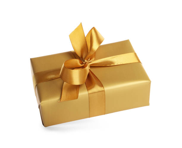 istock Gift box with golden ribbon and bow on white background 1433110040