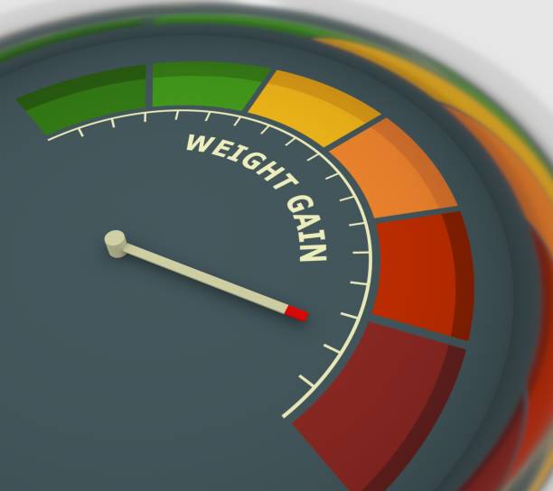 Abstract meter with scale reading high risk level of weight gain. 3D render stock photo