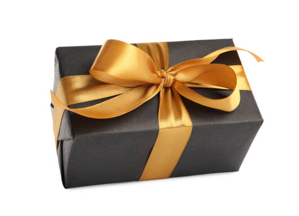 istock Beautiful gift box with golden ribbon and bow on white background 1433110122
