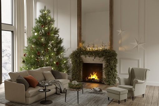 Elegance living room interior with beige sofa, armchair, carpet, coffee table, fireplace and green Christmas tree and decoration. Render image.