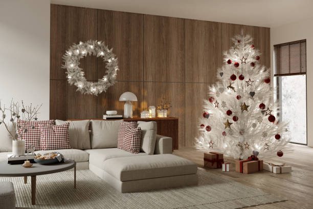 istock 3D rendering of living room with christmas decoration 1433110628