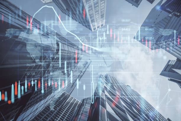 istock Creative glowing candlestick forex chart and map hologram on blurry toned city skyline texture. Stock, investment, market and money concept. Double exposure. 1433111924