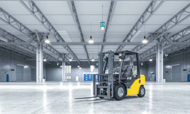 empty warehouse and yellow forklift. empty warehouse and yellow forklift. 3d render forklift truck stock pictures, royalty-free photos & images