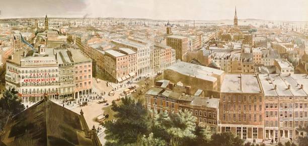 ilustrações de stock, clip art, desenhos animados e ícones de new york city 1855,  aereial view of the southern broadway to the trinity church - 1855