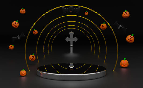 podium and float pumpkin with crystal cross for happy halloween ,modern stage display and minimalist mockup ,abstract showcase background ,Concept 3d illustration or 3d render