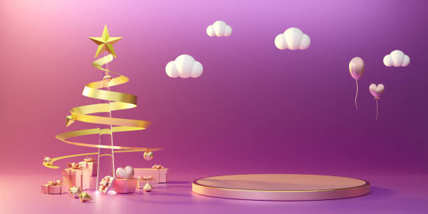 istock Podium with Christmas tree and ornaments in purple or violet composition for modern stage display and minimalist mockup ,Concept Christmas and a festive New Year, 3d illustration or 3d render 1433114524