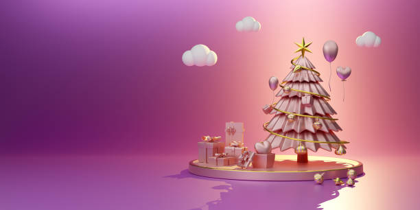 istock Podium with Christmas tree and ornaments in purple or violet composition for modern stage display and minimalist mockup ,Concept Christmas and a festive New Year, 3d illustration or 3d render 1433114531