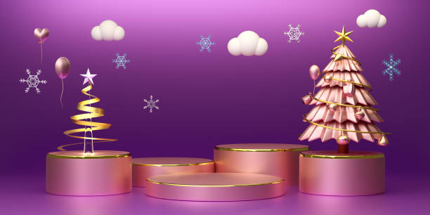 istock Podium empty with Christmas tree and ornaments in purple or violet composition for modern stage display and minimalist mockup ,Concept Christmas and a festive New Year, 3d illustration or 3d render 1433114574