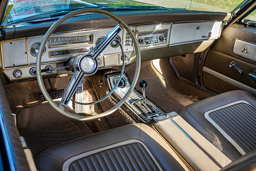 Falcon Heights, MN - June 19, 2022: High perspectiive detail interior view of a 1964 Dodge Polara 500 Hardtop Coupe at a local car show.