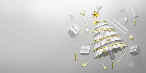 istock Christmas tree with gift box and ornaments in white composition for modern stage display and minimalist mockup ,Concept Christmas and a festive New Year, 3d illustration or 3d render 1433114592