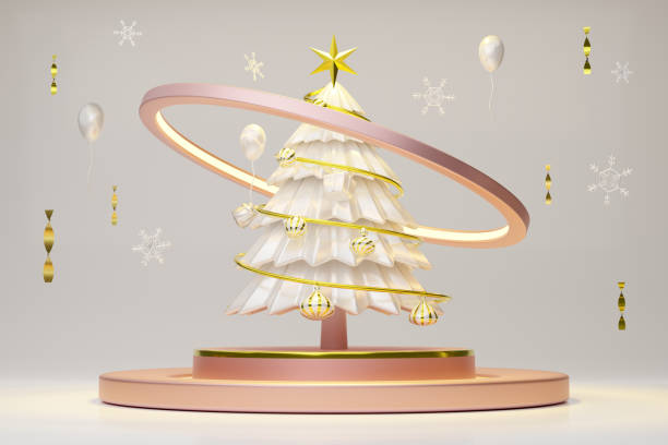 istock Christmas tree with snow flakes and ornaments in white composition for modern stage display and minimalist mockup ,Concept Christmas and a festive New Year, 3d illustration or 3d render 1433114597