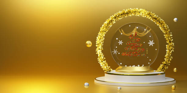 istock snow globe and Christmas tree with golden tinsel in Gold composition for modern stage display and minimalist mockup ,Concept Christmas and a festive New Year, 3d illustration or 3d render 1433114751
