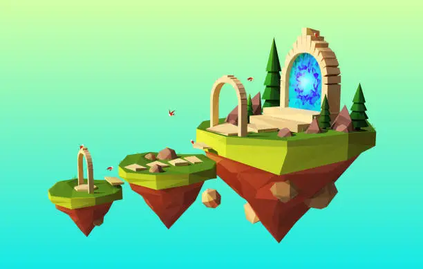 Vector illustration of Fantastic Portal to Another World on the Flying Island, Game Concept, Fantasy