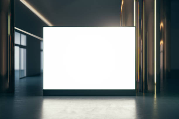 istock Front view on blank white illuminated big screen with space for your logo or text between golden pillars on dark empty room background. 3D rendering, mockup 1433114948