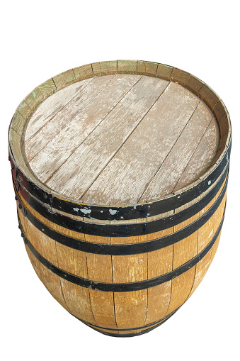 Old shabby wooden barrel with black metal rings isolated on white background. side and top view.