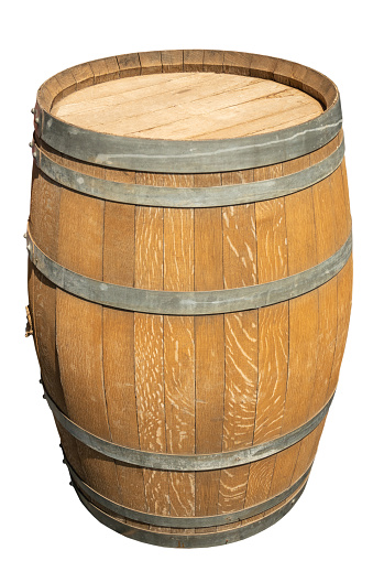 Old shabby wooden alcohol barrel with grey metal rings isolated on white background. side and top view.