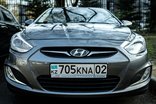 The state license plate of the vehicle of Kazakhstan, Almaty region, installed on the Hyundai accent. Almaty, Kazakhstan, 05 april, 2022