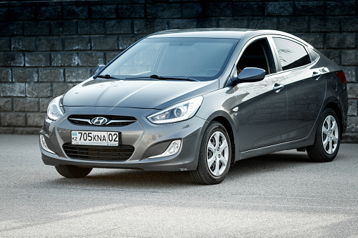 Hyundai accent in grey color, front side view. Almaty, Kazakhstan, 05 april, 2022