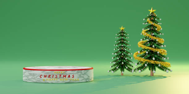 istock Podium empty with green Chrismas tree in green pastel composition for website or poster or Happiness cards,Christmas banner and festive New Year, realistic 3d illustration or 3d render 1433116131