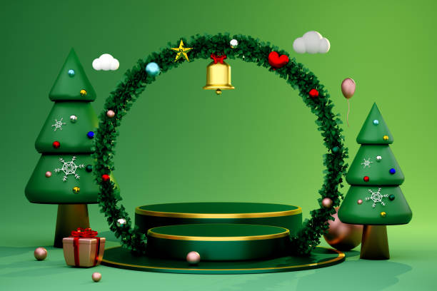 istock Podium empty with Christmas tree and wreath in green composition for website or poster or Happiness cards,Christmas banner and festive New Year, realistic 3d illustration or 3d render 1433116214